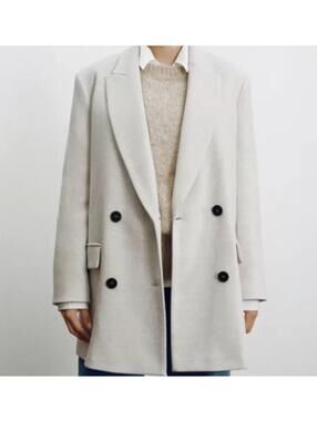Zara Cream Double Breasted Coat Blazer Size S Oversized Tailored Jacket